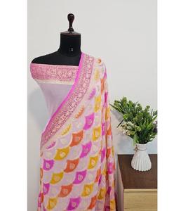 Sari Banarasi en Georgette Khaddi Pur Traditionnel, Tissé à la Main, Tissu Doux, Détails Zari, Drapé Luxueux, Protection Solaire – Meilleures Ventes - Product Image 5