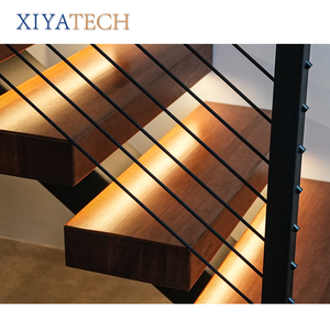 Escalera flotante moderna <span class=keywords><strong>con</strong></span> iluminación <span class=keywords><strong>LED</strong></span> XIYATECH <span class=keywords><strong>con</strong></span> escalones de madera maciza, barandilla de vidrio sin marco, larguero de acero Invisible para villas - Product Image 3