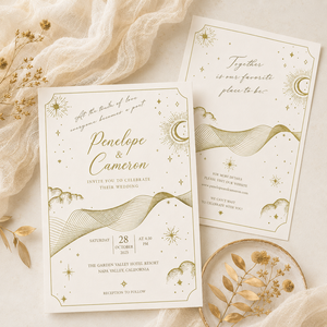 Suite di Inviti Nuziali Personalizzati con Foglia d'Oro Celestiale, Luna e Stelle, Carta Pregiata Testurizzata, Busta Abbinata Goffrata - Product Image 2