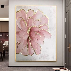 Hand Painted Oil Painting <b>Pink</b> Flower Gold Foil 3D Effect Metal <b>Frame</b> Abstract Art Wall Decor For Living Room Or Dining Room - Product Image 4