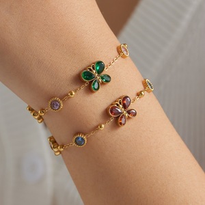 Butterfly Flower Gold Plated Bracelet With Green Stones And Clear Crystals For Women Gift Jewelry - Product Image 3