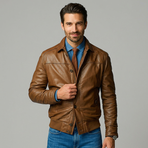 Custom <b>Men</b> Vintage Brown Genuine Leather <b>Jacket</b> Shirt Collar Casual <b>Bomber</b> Coat Premium Cowhide Button Zipper Winter <b>Jackets</b> - Product Image 1