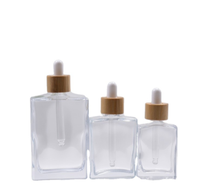 Flacon compte-gouttes en verre transparent carré pour cosmétiques fantaisie de 30 ml, 50 ml, 100 ml avec pipette en bambou