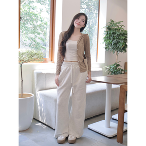 Pantalon femme en polaire à jambe large de haute qualité avec cordon de serrage élastique taille haute détail de couture en surbrillance - Product Image 4