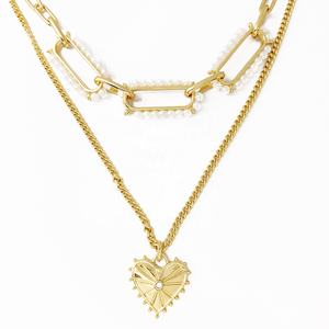 قلادة كلاسيكية بسلسلة مزدوجة من سبيكة الزنك على شكل قلب مع لؤلؤ صناعي مطلي بالذهب عيار 18 قيراط للنساء - Product Image 5