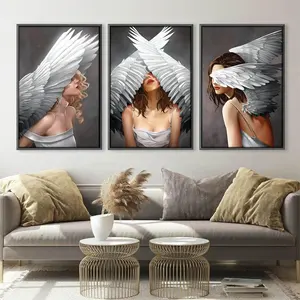 Düşük fiyat toptan kutsal melek tüy 3 panel set tuval duvar sanatı kadın
