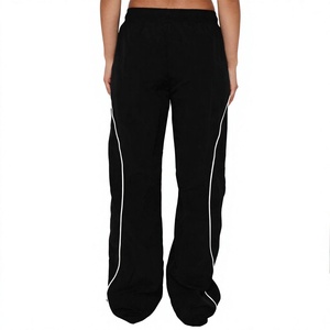 <b>Cheap</b> Price Street Wear Loose Fit Elastic Waist Flat <b>Sand</b> Wash Contrast Strip Light Weight Nylon Women Oversized Workout Flared - Product Image 3