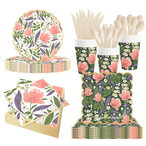 DAMAI New Customized Design Flower Theme <b>Disposable</b> Dessert Dinner Paper Plates Cups Napkin Floral Tableware Set - Product Image 2