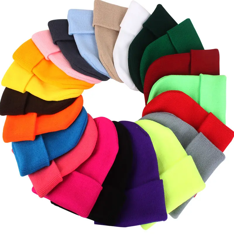 2022 Fashion Wholesale Ski Cuffed Plain Color Unisex Acrylic Winter Custom Beanie With Logo Knitted Hat