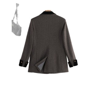 Gray Herringbone Wool Blazer Women's Thick Warm Autumn Winter Coat With Fur Collar Loose Fit Elegant Retro Style - Product Image 5