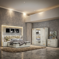 DAVINI Ensemble de meubles de chambre à coucher moderne en MDF/bois avec miroir, tête de lit éclairée, rangement intégré, lit réglable de 1,8 m, finition beige brillant