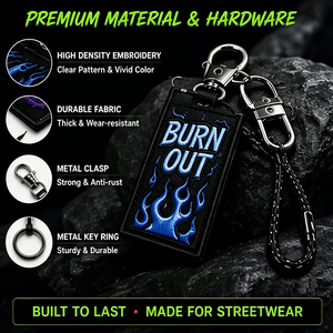 Llavero de moda urbana con parche de carreras, OEM ODM, etiqueta de tela de doble cara, proveedor de llaveros con logotipo de diseño personalizado, llavero bordado Y2K - Product Image 4