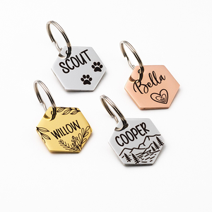 תג זיהוי לכלב בצורת משושה כחולה עם חריטה כהה בהתאמה אישית, תג שם לכלב עם טבעת מפוצלת - Product Image 5