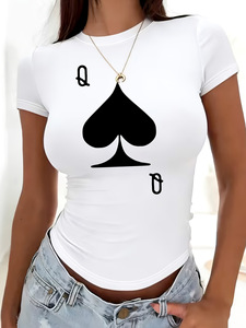 Camiseta de Mujer Casual con Logo OEM de Fábrica, Sexy, Estilo Pullover, Verano, Largo Medio, Cuello Redondo, Estampado de Ases de Picas, Manga Corta, Color Negro - Product Image 1