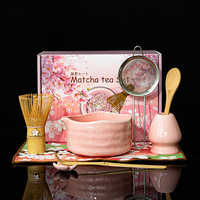 Ensemble de matcha en céramique de style japonais en terre cuite, 7 pièces, design chrysanthème, bec verseur, boîte cadeau, fouet à thé, qualité supérieure - 50-60