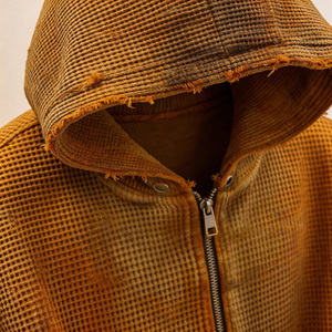 Sweat-shirt à capuche zippé pour homme en coton personnalisé, épais, thermique, coupe oversize, tricot gaufré, uni, style vintage, effet vieilli et délavé à l'acide - Product Image 5
