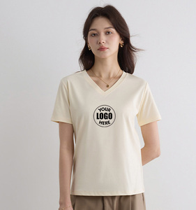 Camiseta de Cuello en V para Mujer, 75% Algodón Mercerizado, 25% Poliéster, Etiqueta Personalizada, 240 g/m², Camisetas Lisas de Algodón Pima para Damas - Product Image 1