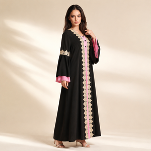 Luxury Black Pink Abaya Muslim Women Dubai Open <b>Kaftan</b> Gold Embroidery Lace Jalabiya Modest 2 Piece Set Dress Ramadan Eid Wear - Product Image 1