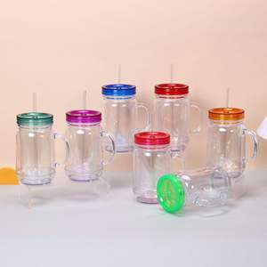 <strong>Wholesale</strong> 20oz Snowglobe <strong>Mason</strong> <strong>Jars</strong> Double Wall Transparent Snowglobe Acrylic <strong>Tumbler</strong> with Handle Multicolor <strong>Plastic</strong> Lid Lids - Product Image 1