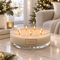 Bougie parfumée AIKUN grande ronde transparente à quatre mèches en verre pour décoration de centre de table avec cire crème et récipient à large ouverture, étiquette de marque