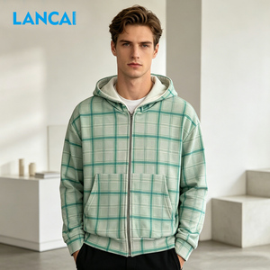 เสื้อฮู้ดซิป Lancai Heavyweight ทรงบ็อกซี่ ใส่ได้สองด้าน ลายสก็อตสไตล์ Y2K Grunge ปักลายแบบกำหนดเอง เสื้อสตรีทแวร์ผู้ชายแบบครอป - Product Image 4