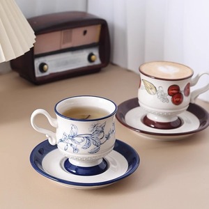 Vintage High-Footed Ceramic <b>Cup</b> <b>Saucer</b> Set Hand-Painted Chinese Style for Afternoon Tea - Product Image 1