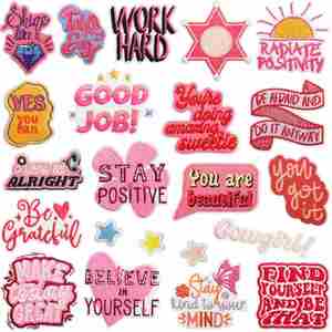 New Iron on Embroidery <b>pink</b> Series Positive Phase Letter Good Job Stay Positive Patch for Clothes Hat Decoration Gift - Product Image 1