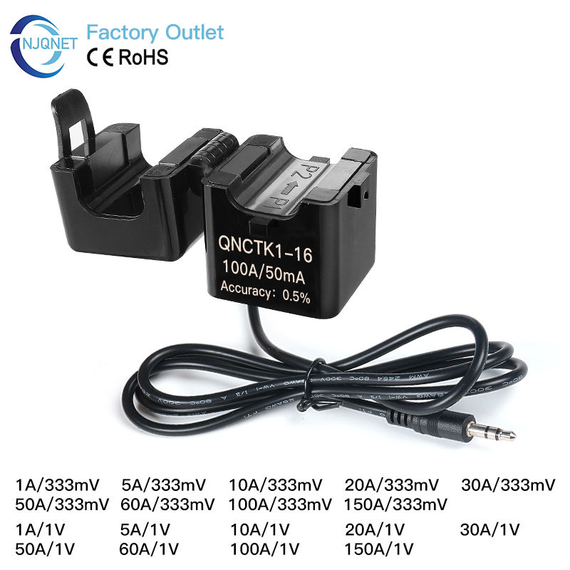 Split Core CT Current Transformer Factory QNCTK1-16 100A 333mV 60A 50A 1V 30A 3.33V 20A 5A 1A 0.333V AC Clamp on Current Sensor