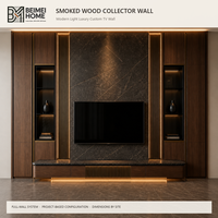 Meuble TV moderne de luxe léger en bois massif, unité murale TV du sol au plafond avec rangements en bois fumé et vitrines, finition pierre foncée, OEM
