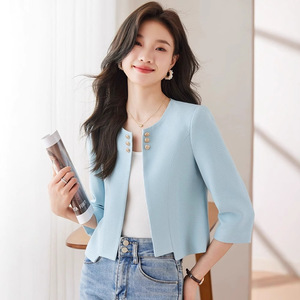 Women's Short Blazer Light Blue 3/4 Sleeve Solid Color Breathable Worsted Fabric Casual Suit Jacket - Product Image 1