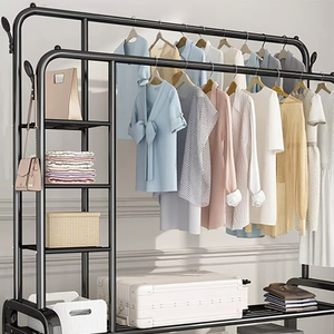 New Metal Double Pole Clothes Rack Floor Standing Hanging Laundry Multifunctional Movable Clothes Rack With Hooks - Product Image 2