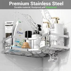 Lot <span class=keywords><strong>de</strong></span> 2 paniers <span class=keywords><strong>de</strong></span> douche d'angle adhésifs en acier inoxydable <span class=keywords><strong>de</strong></span> qualité supérieure, organisateur <span class=keywords><strong>de</strong></span> salle <span class=keywords><strong>de</strong></span> bain avec 2 bacs <span class=keywords><strong>de</strong></span> rangement en plastique et 4 crochets amovibles - Product Image 3