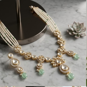 Traditional Pearl 925 Silver Kundan <b>Necklace</b> Set Gold Bridal Jewelry with Earrings Diamond Accents for Women Wedding Jewelry - Product Image 2