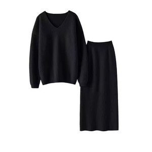 Fall Winter <strong>Woman</strong> Knit Sweater V-neck Pullover <strong>Jumper</strong> and Long Skirt Girls 2 Piece Set Wool Cashmere <strong>Warm</strong> Wholesale Twinset - Product Image 4