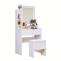 Coiffeuse blanche avec miroir LED et tabouret, bureau de maquillage avec tiroir et étagères ouvertes, ensemble de coiffeuse pour petit espace
