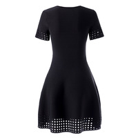 Robe Courte Décontractée d'Été pour Femme, Col Rond, Taille Haute, Manches Courtes, Tricotée Creuse, Coupe Trapèze, Vente en Gros