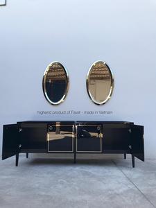 Modern Luxury High Gloss Black Sideboard Bathroom <b>Cabinet</b> with Gold Metal Trim and Oval <b>Wall</b> Mirror Set - Product Image 2