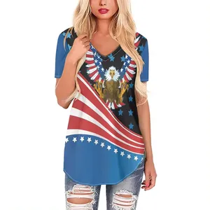Alover 인쇄 패션 여자의 셔츠 미국 국기 아트 패턴 사용자 정의 셔츠 캐주얼 플러스 사이즈 여자의 V 넥 폴리에스터 티셔츠