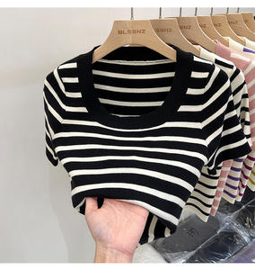Ropa de punto para mujer, Camiseta de calidad Premium, Tops de moda, Camiseta de punto para mujer, Top corto de rayas informales de seda de secado rápido - Product Image 5