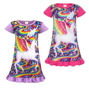 Conjunto de pijamas de dos piezas para niñas, camisón de unicornio para niños, vestido estampado de manga larga, ropa para niños