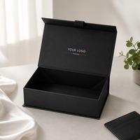Boîte cadeau noir mat personnalisable avec impression, fermeture magnétique rigide, languette de tirage pliable, style minimaliste parisien, vente en gros directe usine