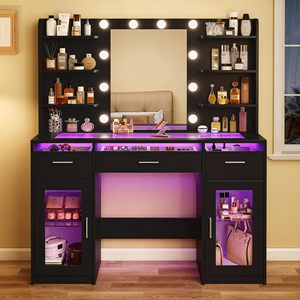 <strong>Black</strong> <strong>Vanity</strong> Desk Makeup <strong>Table</strong> with Mirror and Lights Transparent Top with 3 RGB Drawers 6 Shelves 2 Cabinets Power Outlet - Product Image 6
