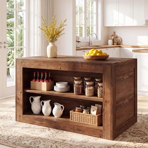 Isla de cocina SENYU de madera maciza rústica con estantes abiertos y almacenamiento para decoración del hogar y utensilios - Product Image 1