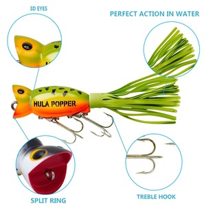 Leurres <span class=keywords><strong>de</strong></span> pêche Hula Popper à bouche bombée avec jupe en caoutchouc, 10 couleurs, yeux 3D, pour pêche en surface au bar - Product Image 3