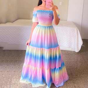 Personalizzare Sexy manica corta moda floreale Off-spalla lunga gonna stampata vacanza una linea lungo lungo a strati Maxi abito da donna - Product Image 6