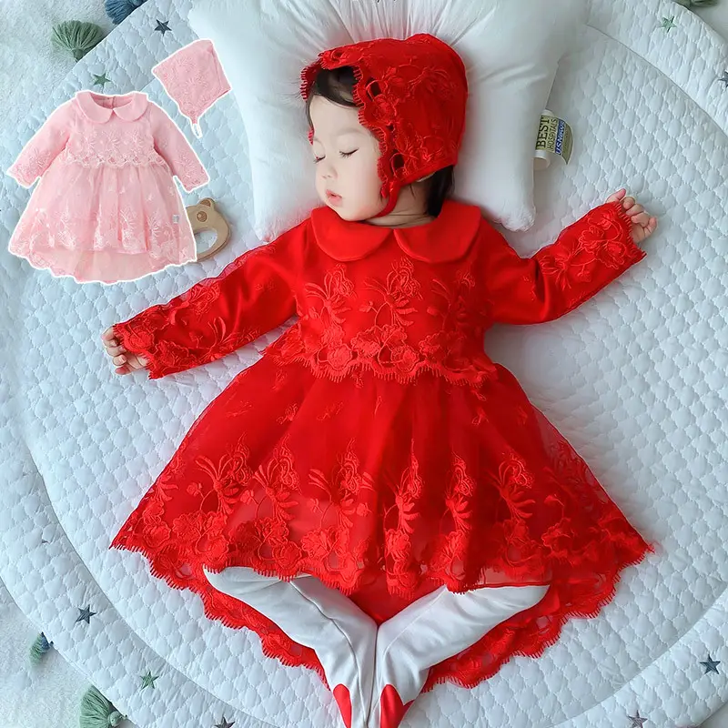 New baby's high quality dress toddler cotton linen solid color lace Princess Dress European and American children's wear