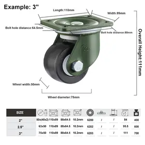 YTOP 2" 2.5" 3" Nylon Super High Load Casters 50mm 63mm 75mm Casters And Double Ball Bearing Low Gravity Casters