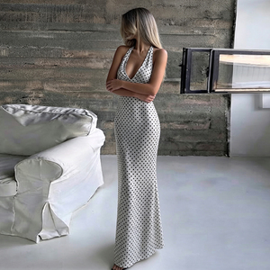 Robe longue d'été décontractée pour femme, tissée, respirante, à pois, col halter, décolleté plongeant, dos nu, avec nœud, taille haute, pour soirée - Product Image 5