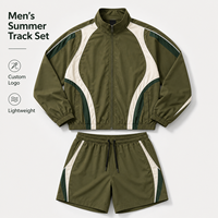 Ensemble de survêtement décontracté léger pour homme, style automne, délavé à l'acide, avec veste à col montant et fermeture éclair intégrale, short à cordon de serrage, empiècements contrastants, respirant