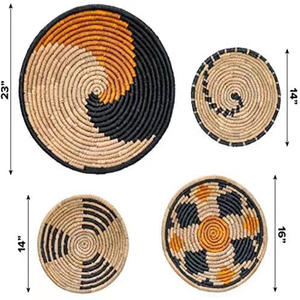 Juego de cuatro cestas redondas bohemias rústicas para decoración de pared, diseño tradicional con patrón de plantas de primavera - Product Image 2